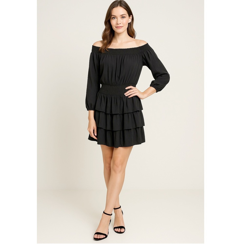 Michael Kors 100% Silk Black Tiered Ruffle Mini Dress Off Shoulder Smocked Waist